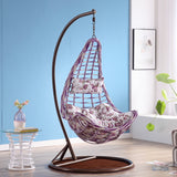 SWC2660 Single Seat Purple White Wicker Teardrop Hanging Egg Chair with Stand & Purple Floral Cushion – Indoor Outdoor Swing Lounge Chair Set