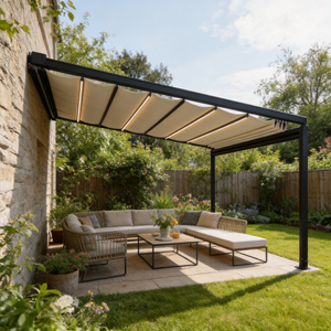 PGL2513 Black Wall-Mounted Retractable Canopy Pergola with LED Lights – Outdoor Patio Shade Structure for Garden & Backyard