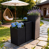 OPB250601 3-Piece Tall Square Black Wicker Planter Set – Modern Patio Plant Pot Set