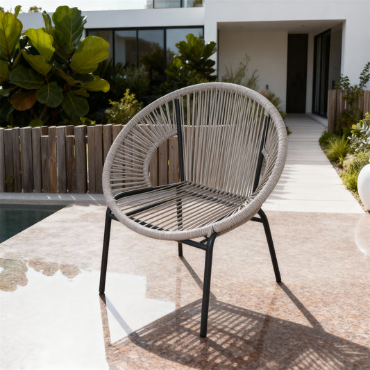 DTY251001 Light Grey Rope-Woven Round Frame Outdoor Chair with Black Metal Legs – Modern Pool Patio Weather-Resistant Lounge Chair