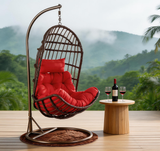 SWC2666 Single Seat Dark Brown Wicker Hanging Egg Chair with Stand & Red Cushion – Tropical Mountain View Patio Swing Lounge Chair Set