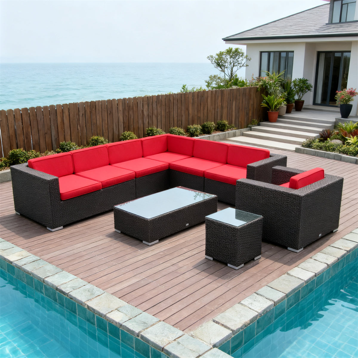 Dark Brown Wicker L - Shaped Outdoor Sectional Set with Red & Black Cushions, Glass Coffee Table & Side Table – Stylish Patio Furniture