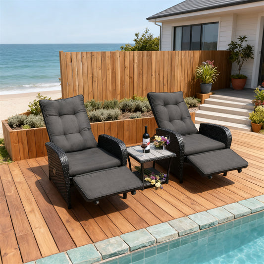 Black Wicker Outdoor Recliner Set with Dark Grey Cushions, Adjustable Footrests & Side Table – Stylish Patio Furniture