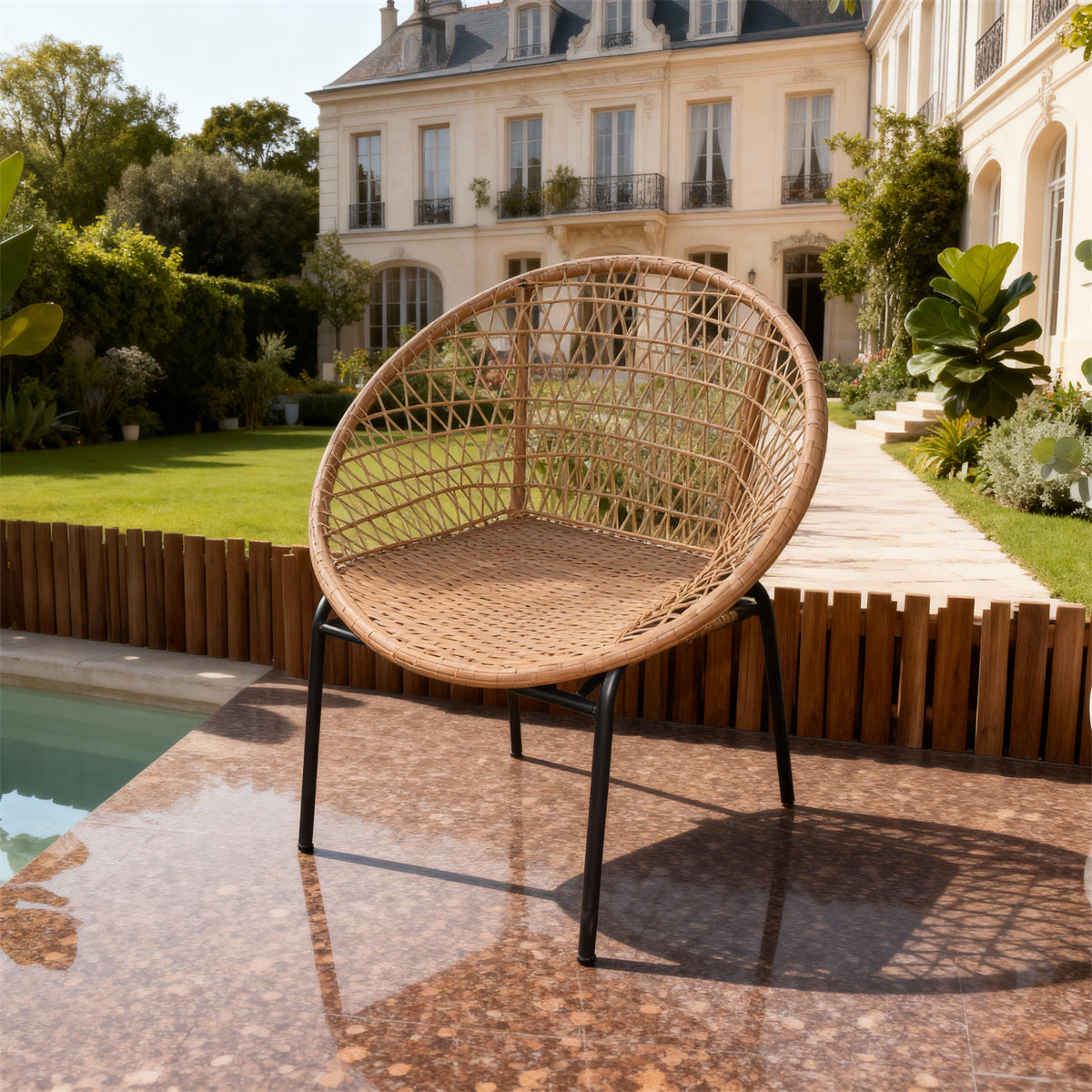 DTY251002 Natural Rattan Round Frame Outdoor Chair with Black Metal Legs – French Chateau Pool Patio Weather-Resistant Lounge Chair