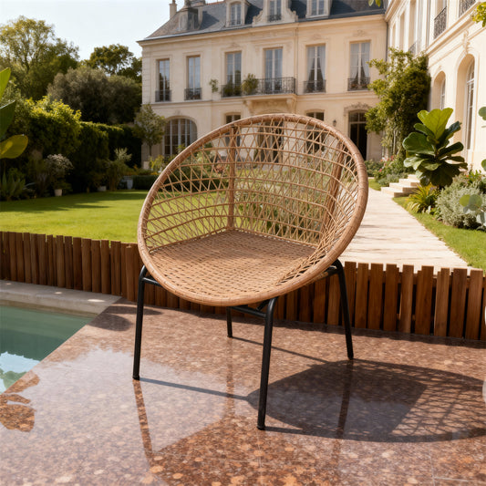 DTY251002 Natural Rattan Round Frame Outdoor Chair with Black Metal Legs – French Chateau Pool Patio Weather-Resistant Lounge Chair