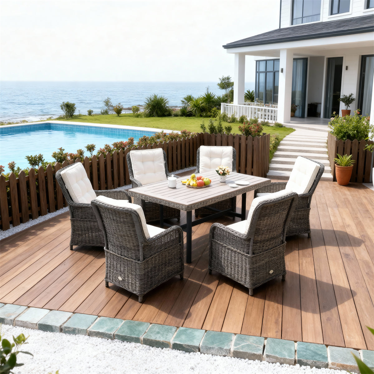 TBDS252401 Dark Grey Wicker Modern Coastal Luxury Outdoor Dining Set with Beige Tufted Cushions & Wood-Look Rectangular Table – Stylish Patio Furniture