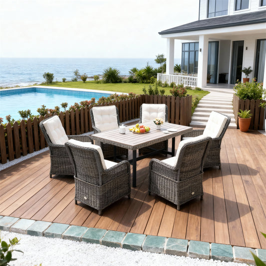 TBDS252401 Dark Grey Wicker Modern Coastal Luxury Outdoor Dining Set with Beige Tufted Cushions & Wood-Look Rectangular Table – Stylish Patio Furniture