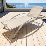 TYSF2635 Light Grey Metal Frame Beige Mesh Adjustable Armrest Outdoor Sun Lounger – Capri Italy Coastal Terrace Luxury Relaxed Outdoor Reclining Sunbed