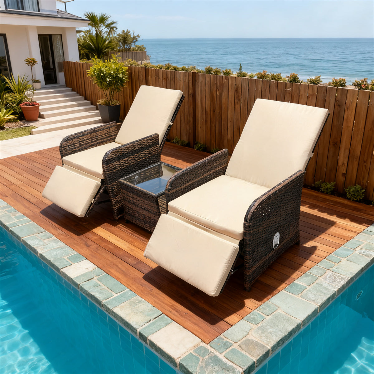 Dark Brown Wicker Outdoor Recliner Set with Beige Cushions, Adjustable Footrests & Glass Side Table – Stylish Patio Furniture