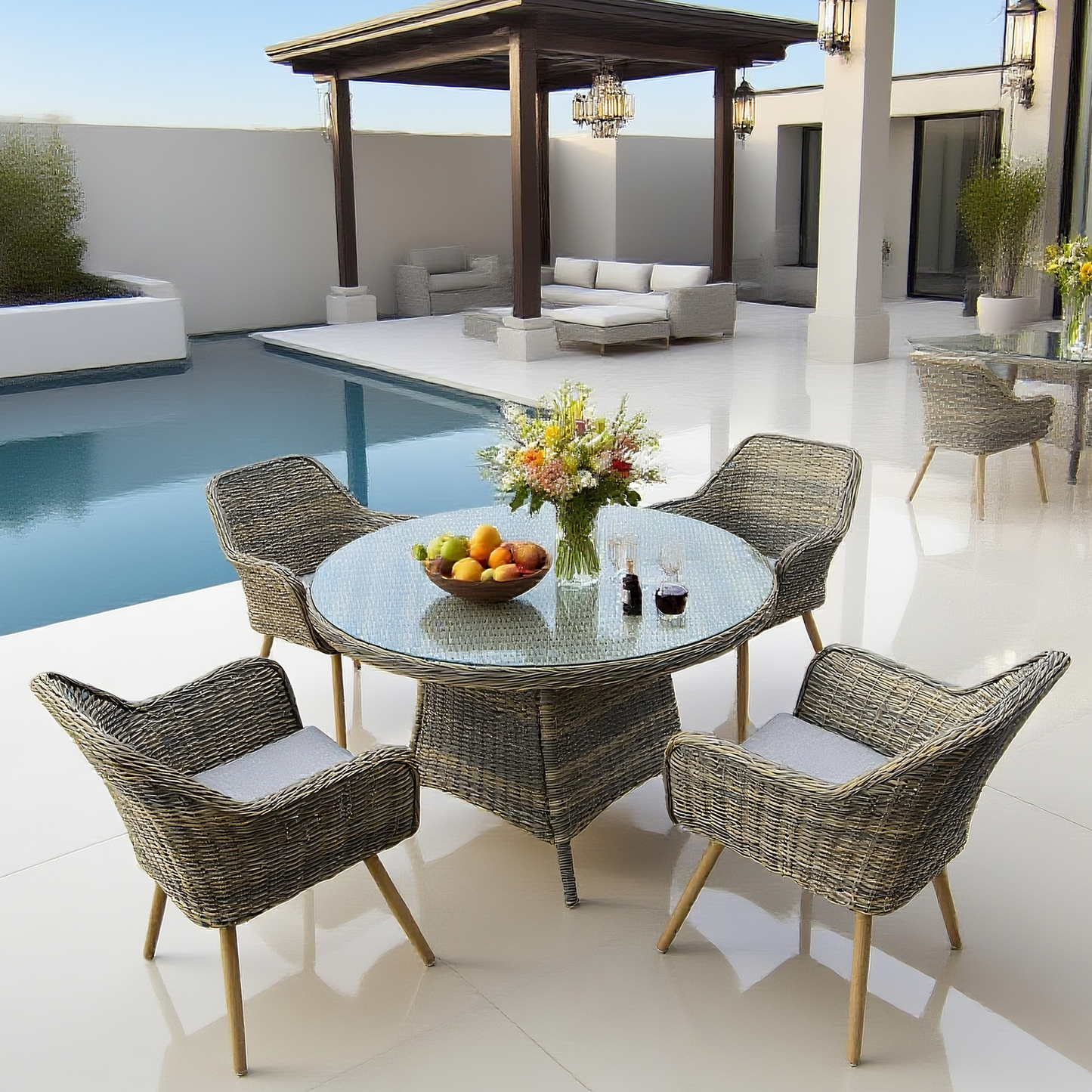 TBDS25104S Mixed Grey Wicker Modern Luxury Outdoor Dining Set with Light Grey Cushions & Clear Glass Round Dining Table – Stylish Patio Furniture