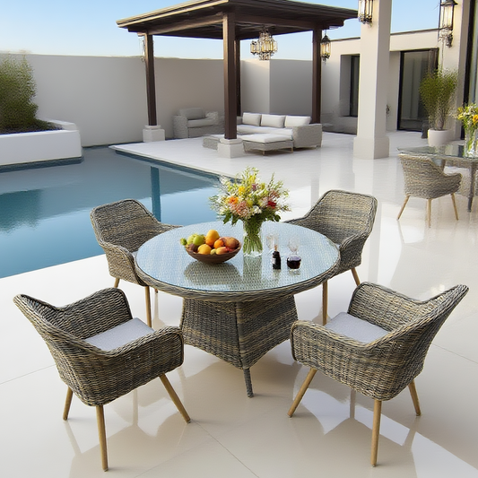 TBDS25104S Mixed Grey Wicker Modern Luxury Outdoor Dining Set with Light Grey Cushions & Clear Glass Round Dining Table – Stylish Patio Furniture