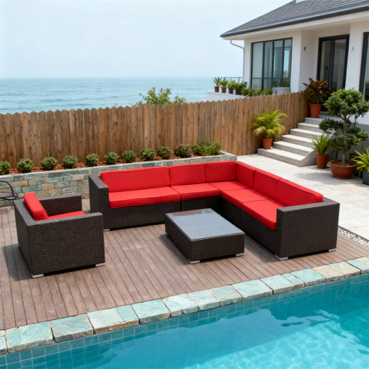 Dark Brown Wicker L - Shaped Outdoor Sectional Set with Red & Brown Cushions & Glass Coffee Table – Stylish Patio Furniture