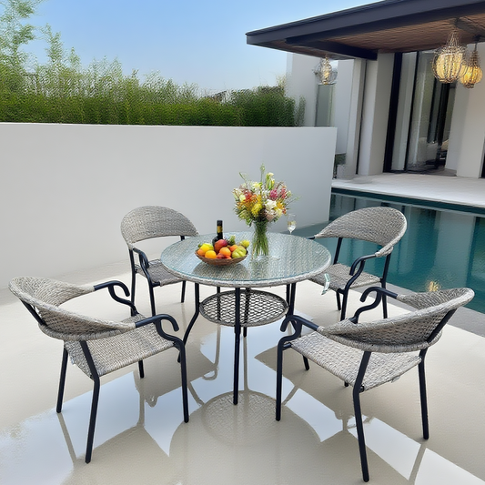 TBDS2508 Light Grey Woven Rattan & Black Metal Modern Luxury Outdoor Dining Set with Clear Glass Round Dining Table – Stylish Patio Furniture