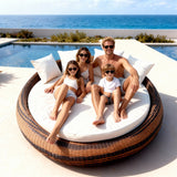 TYSF2611 Two-Tone Rattan Round Multi-Person Outdoor Daybed with All-White Cushions & Pillows – Aruba Caribbean Coastal Terrace Luxury Family Outdoor Round Daybed