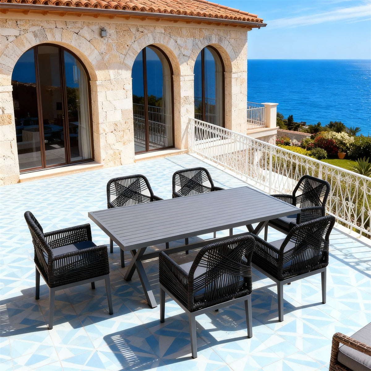 SFTZ260701 All-Black Woven-Back Wicker Outdoor Dining Set – Sicilian Coastal Villa Patio Luxury Dining Furniture Set