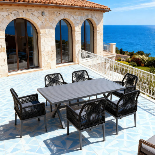 SFTZ260701 All-Black Woven-Back Wicker Outdoor Dining Set – Sicilian Coastal Villa Patio Luxury Dining Furniture Set