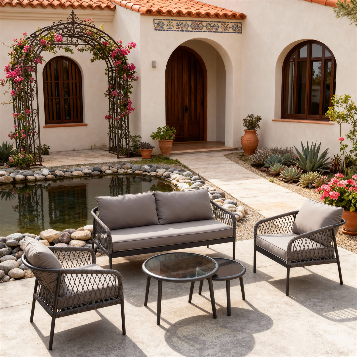 Dark Grey Woven Outdoor Lounge Set with Light Grey Cushions & Nesting Glass Coffee Tables – Stylish Patio Furniture