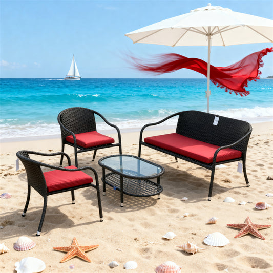 Dark Grey Wicker Outdoor Lounge Set with Red Cushions & Glass Coffee Table – Stylish Patio Furniture