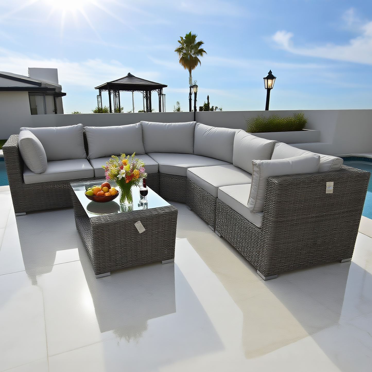 Grey Wicker L - Shaped Outdoor Sectional Sofa Set with Glass Coffee Table – Stylish Patio Lounge Furniture