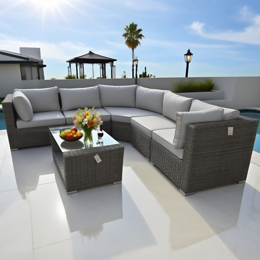 Grey Wicker L - Shaped Outdoor Sectional Sofa Set with Glass Coffee Table – Stylish Patio Lounge Furniture