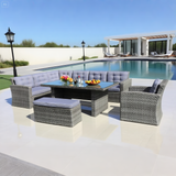 SFTZ2513 Light Grey Wicker L - Shaped Outdoor Dining & Lounge Set with Glass Dining Table, Ottomans & Armchair – Stylish Patio Furniture