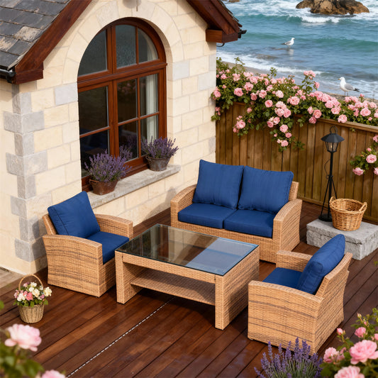 SFTZ2618 Light Brown Wicker Outdoor Lounge Set with Navy Cushions – Brittany French Coastal Stone Cottage Patio Luxury Outdoor Social Furniture Set