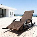 TYSF2601 Dark Brown Rattan Armrest Rocking Outdoor Sun Lounger – Malibu California Coastal Terrace Luxury Relaxed Outdoor Rocking Sunbed
