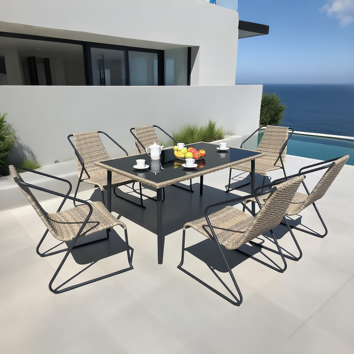 TBDS2514 Brown Woven Rope & Black Metal Modern Minimalist Outdoor Dining Set with Black Glass Rectangular Dining Table – Stylish Patio Furniture