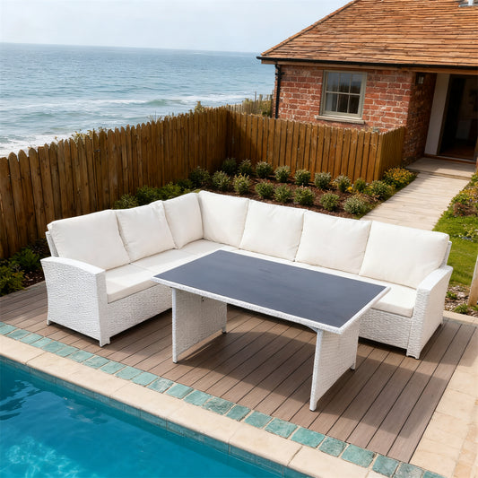 White Wicker L - Shaped Outdoor Sectional Set with White Cushions & Black Glass Dining Table – Stylish Patio Furniture