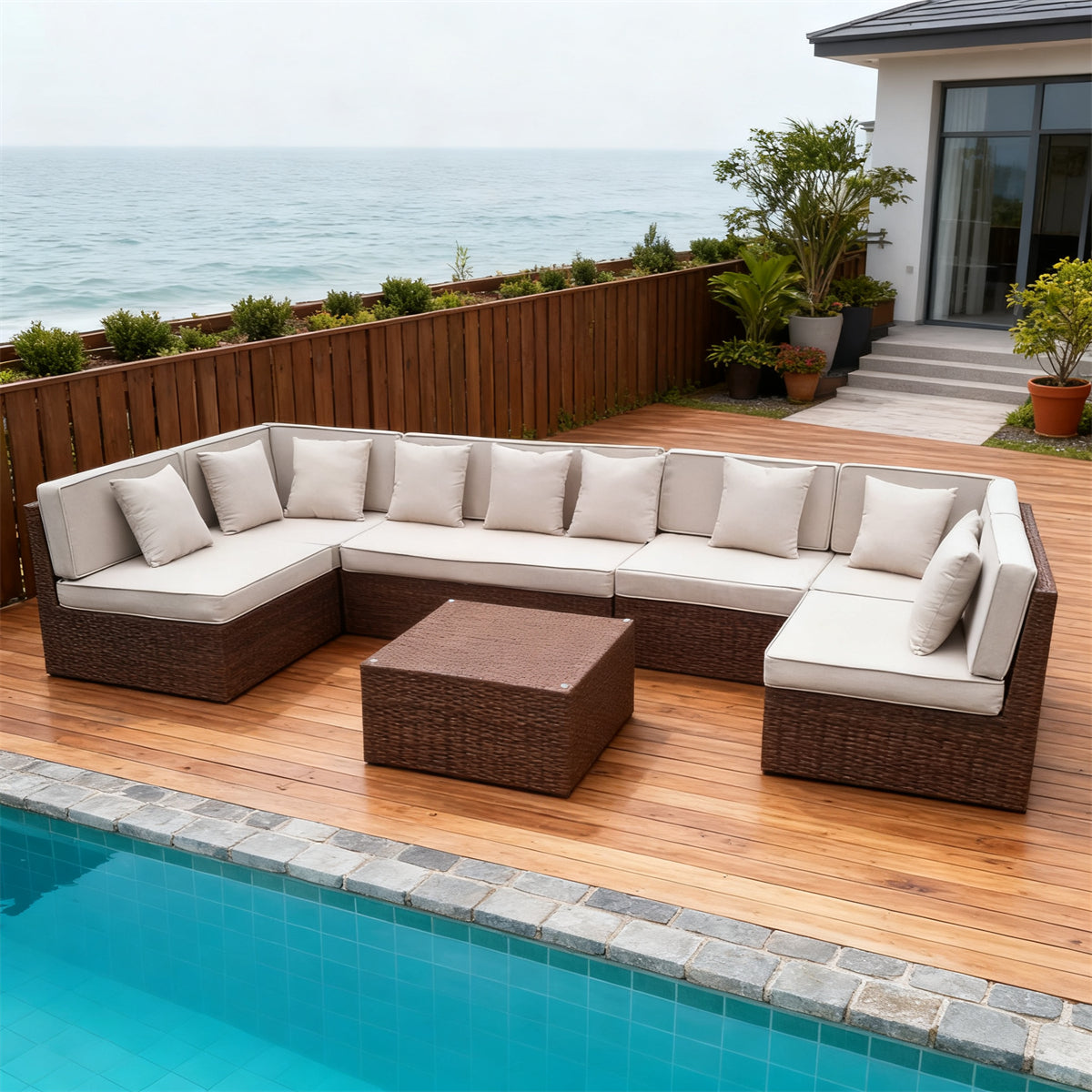 Dark Brown Wicker L - Shaped Outdoor Sectional Set with Beige Cushions & Wicker Coffee Table – Stylish Patio Furniture