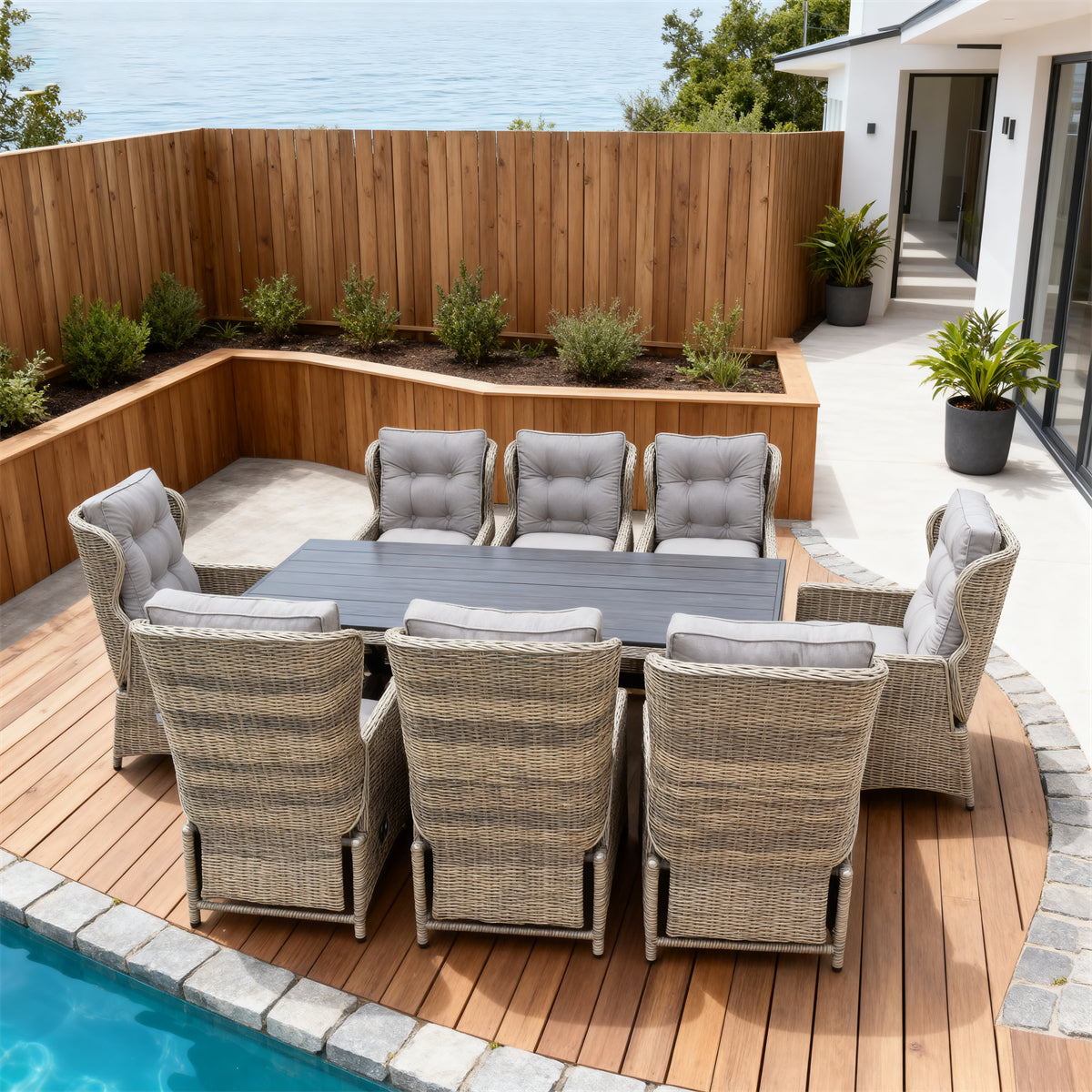 Mixed Brown Wicker Outdoor Dining Set with Light Grey Cushions & Dark Dining Table – Stylish Patio Furniture