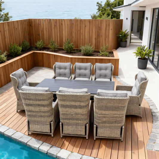 Mixed Brown Wicker Outdoor Dining Set with Light Grey Cushions & Dark Dining Table – Stylish Patio Furniture