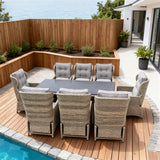 SFTZ2582 Mixed Brown Wicker Outdoor Dining Set with Light Grey Cushions & Dark Dining Table – Stylish Patio Furniture