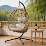 SWC2636 Natural Brown Rattan Hanging Egg Chair with Stand & Beige Cushion – Zen Mountain Balcony Swing Lounge Chair Set