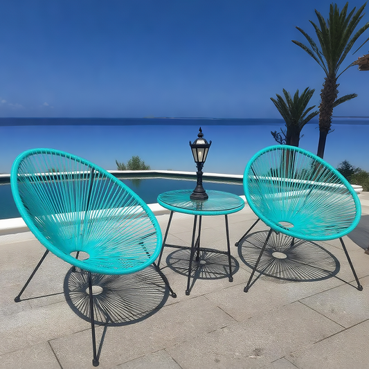BST250204 Lime Turquoise Radial Weave & Black Metal Frame Coastal Poolside Luxury 2-Piece Outdoor Bistro Set – Matching Turquoise Glass Round Table