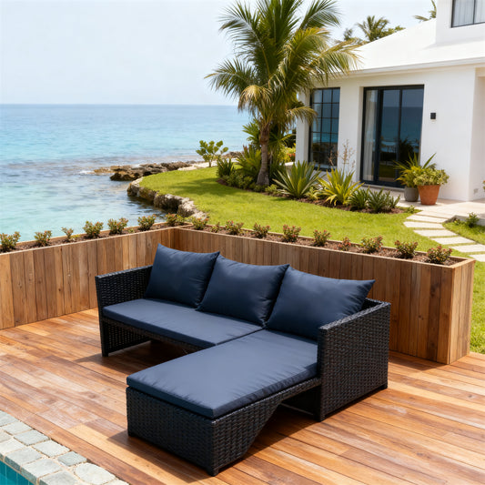 Dark Grey Wicker L - Shaped Outdoor Sectional Set with Navy Blue Cushions – Stylish Patio Furniture