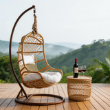 SWC2662 Single Seat Natural Rattan Hanging Egg Chair with Stand & White Cushion – Mountain View Patio Swing Lounge Chair Set