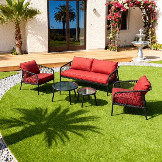 Dark Grey Woven Outdoor Lounge Set with Red Cushions & Nesting Glass Coffee Tables – Stylish Patio Furniture