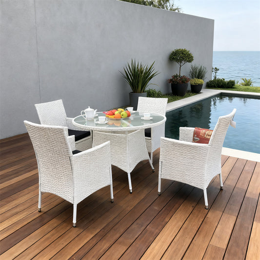 TBDS2517-4S White Wicker Coastal Minimalist Outdoor Dining Set with Black & White Cushions & Clear Glass Round Dining Table – Stylish Patio Furniture