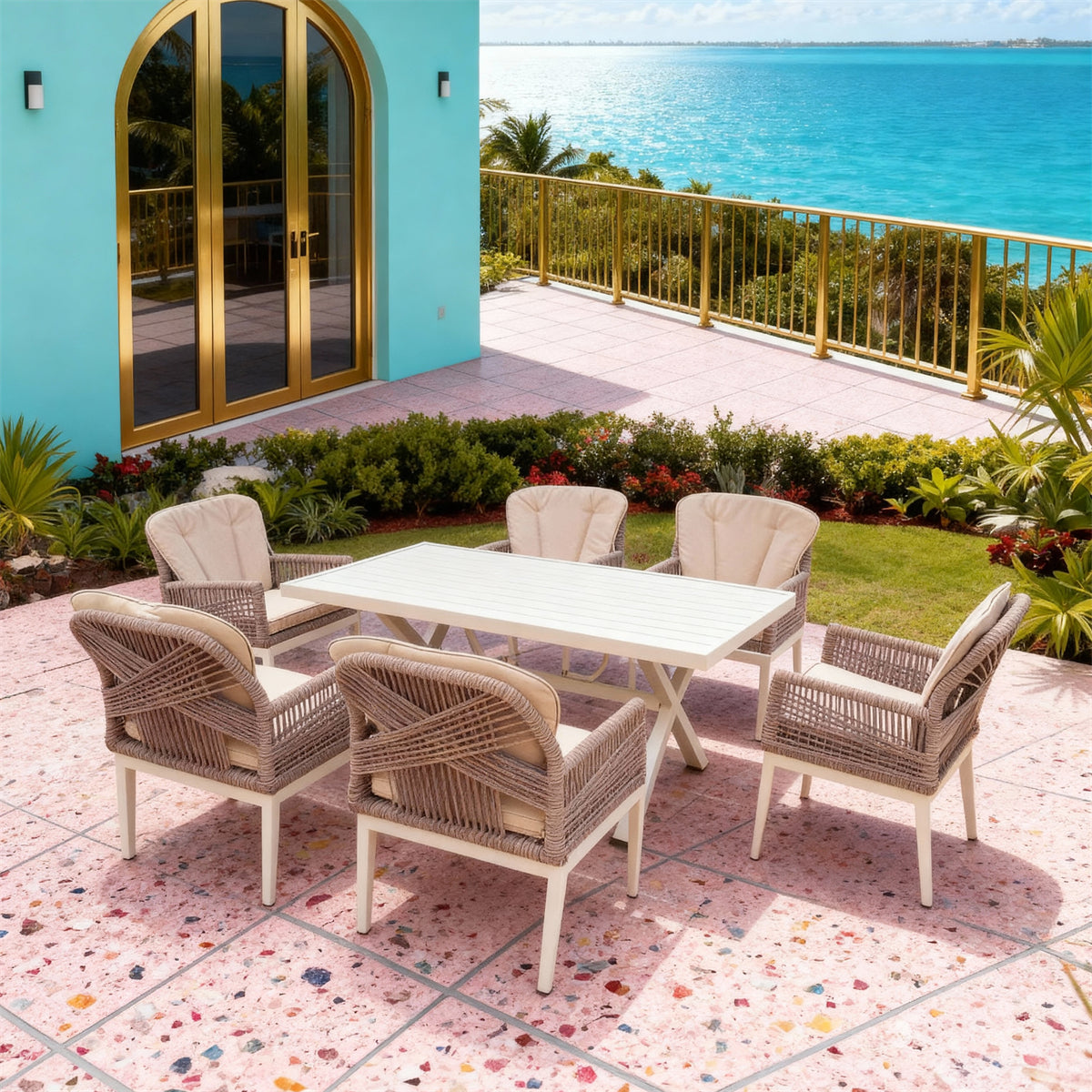 SFTZ260703 Light Brown Wicker Cross-Back Outdoor Dining Set with Beige Cushions – Caribbean Coastal Resort Villa Patio 7-Piece Luxury Dining Furniture Set