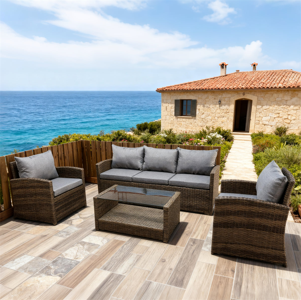 Dark Brown Wicker Outdoor Lounge Set with Dark Grey Cushions & Glass Coffee Table – Stylish Patio Furniture