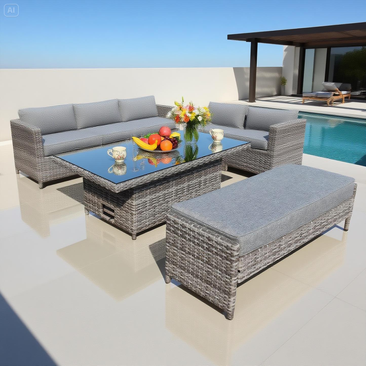 Grey Wicker Outdoor Sectional Set with Glass Coffee Table & Ottoman – Stylish Patio Lounge Furniture