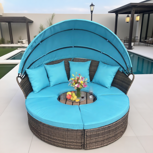 Grey Wicker Round Outdoor Daybed with Canopy – Luxurious Patio Lounge Furniture