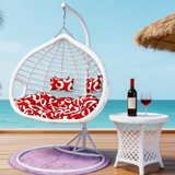 SWC2641 2 Seater White Wicker Hanging Egg Chair with Stand & Red Pattern Cushion – Coastal Beach Patio Double Swing Lounge Chair Set