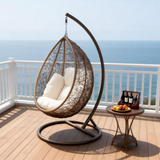 SWC2608 Brown Wicker Hanging Egg Chair with Stand & Cushion – Coastal Patio Swing Lounge Chair Set with Side Table