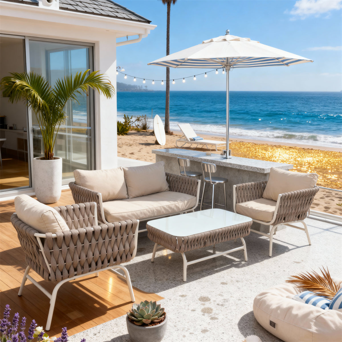 Light Brown Woven Coastal Luxury Outdoor Lounge Set with Cream Cushions & White Glass Coffee Table – Stylish Patio Furniture