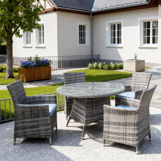 TBDS252707 Grey-Brown Woven Rattan German Cottage Luxury Outdoor Bistro Set with Light Blue Cushions & Rattan-Look Glass Round Table