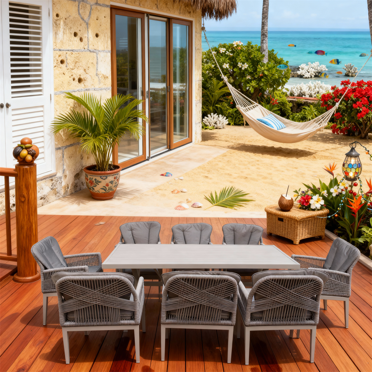 SFTZ260602 Light Grey Wicker Cross-Back Outdoor Dining Set – Caribbean Beachfront Patio 9-Piece Resort-Style Dining Furniture Set