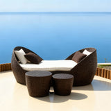 TYSF2619 Dark Brown Rattan Double Enclosed Outdoor Sofa Set with Nesting Side Tables, Cream Cushions & Pillows – Amalfi Coast Italy Coastal Terrace Luxury Private Outdoor Sofa Set
