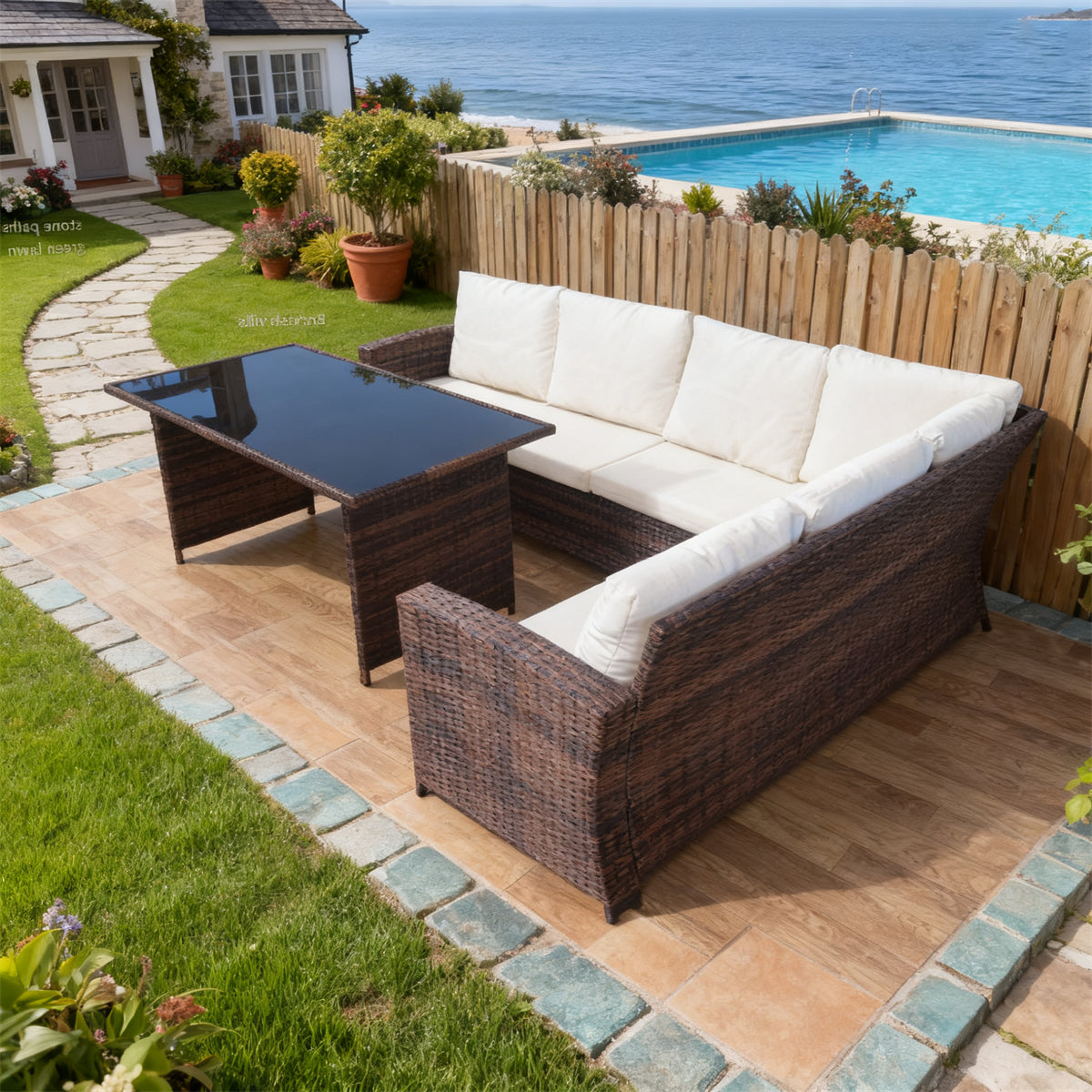 Dark Brown Wicker L - Shaped Outdoor Sectional Set with Beige Cushions & Black Glass Coffee Table – Stylish Patio Furniture